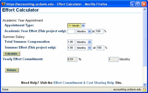 screen capture of effort calculator