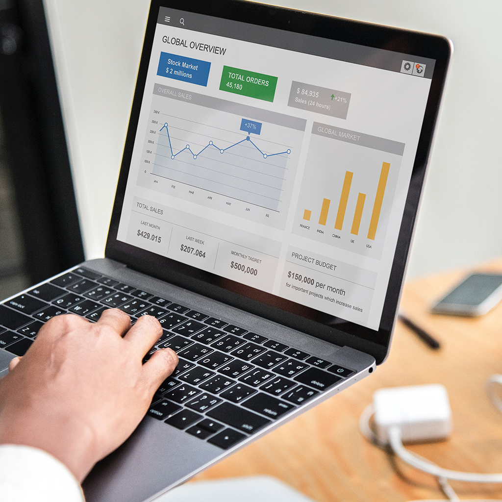 "laptop screen with analytics"