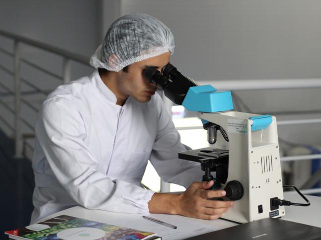 scientist looking down microscope in lab